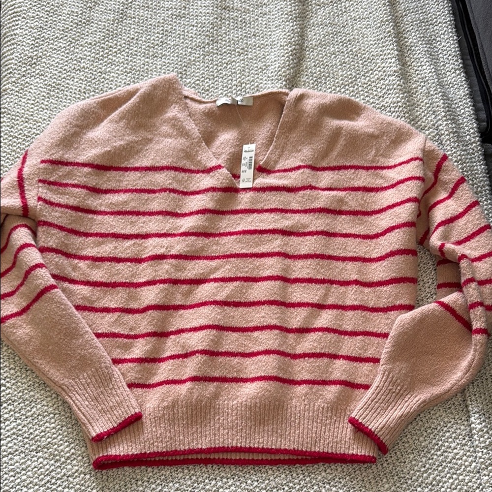 Madewell Pink and Red V-Neck Sweater Striped